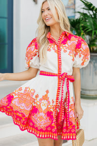 Bold And Bright Ivory & Fuchsia Printed Dress