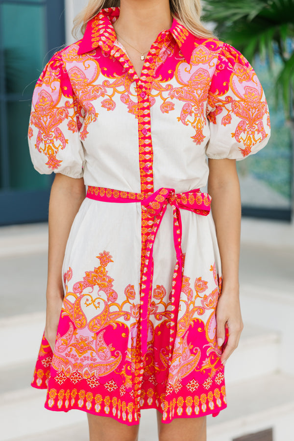 Bold And Bright Ivory & Fuchsia Printed Dress