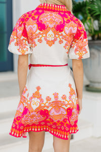 Bold And Bright Ivory & Fuchsia Printed Dress