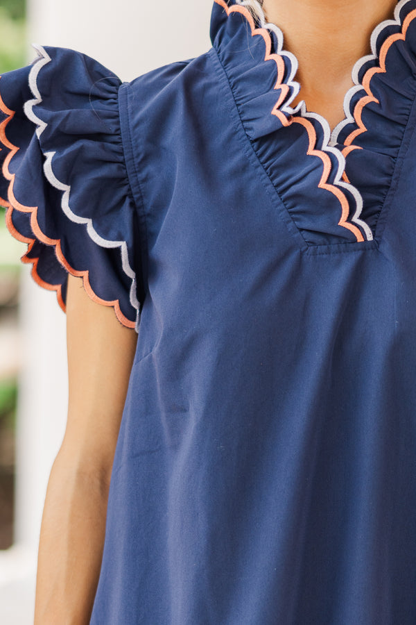 It's All A Game Navy Blue Scalloped Dress