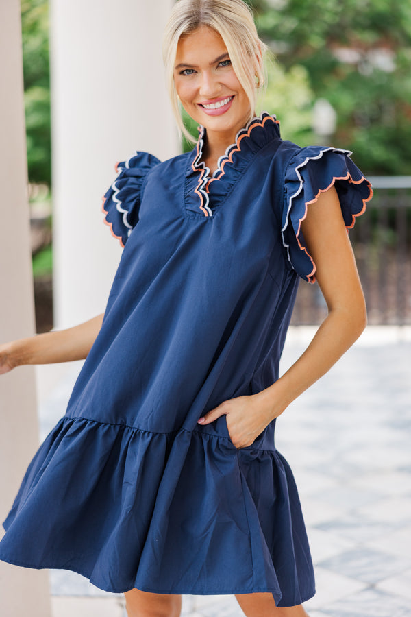 navy blue scalloped dress The Sintay Scalloped Edge Midi Dress in Navy Small
