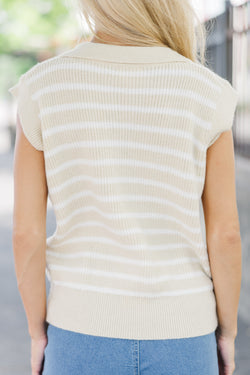 Oatmeal Striped V Neck Long Sleeve Sweater
