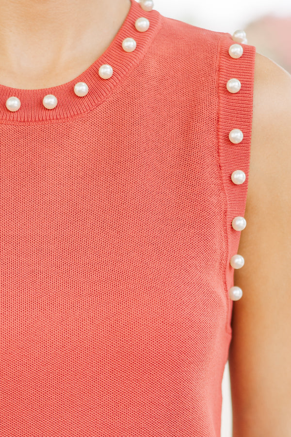 Feeling Chic Rust Orange Pearl Embellished Tank