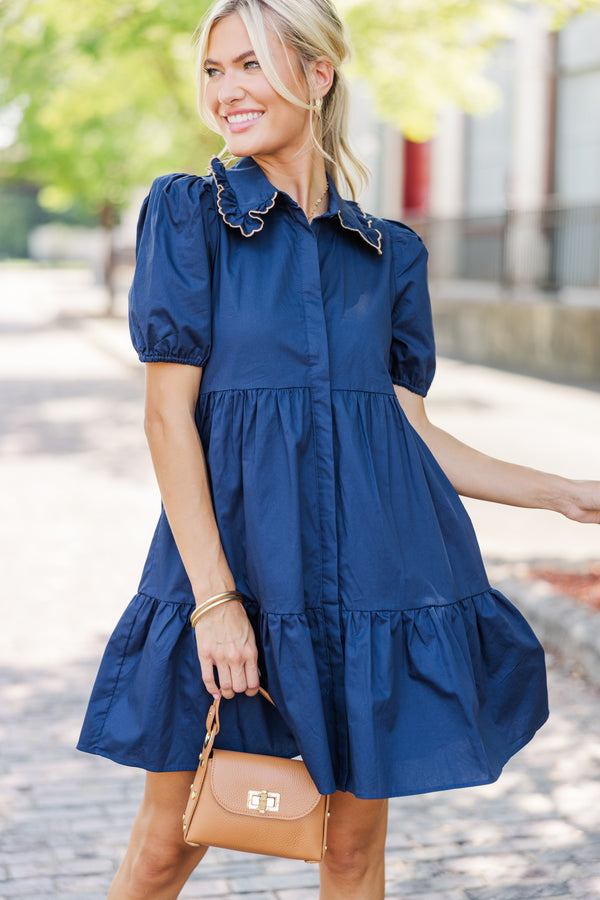 Out In The World Navy Blue Ruffled Babydoll Dress