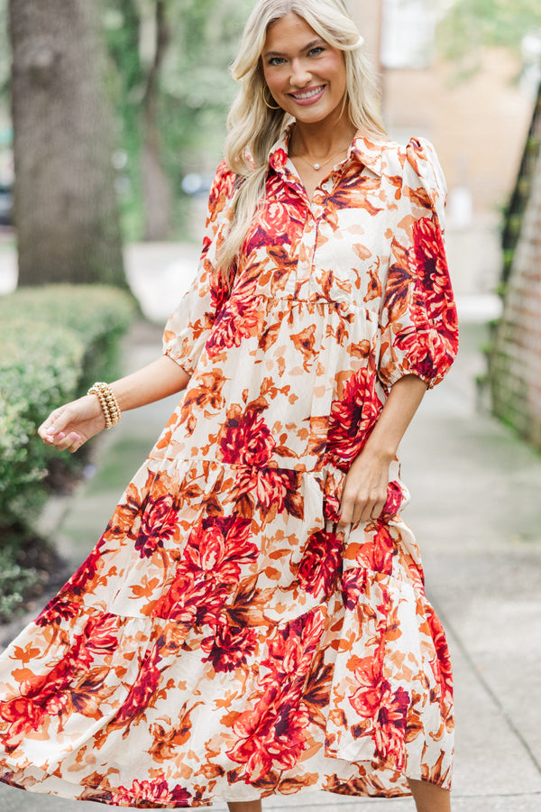 red and cream floral dress Courtyard Stroll Ivory & Red Multi Linen Blend Floral Midi Dress
