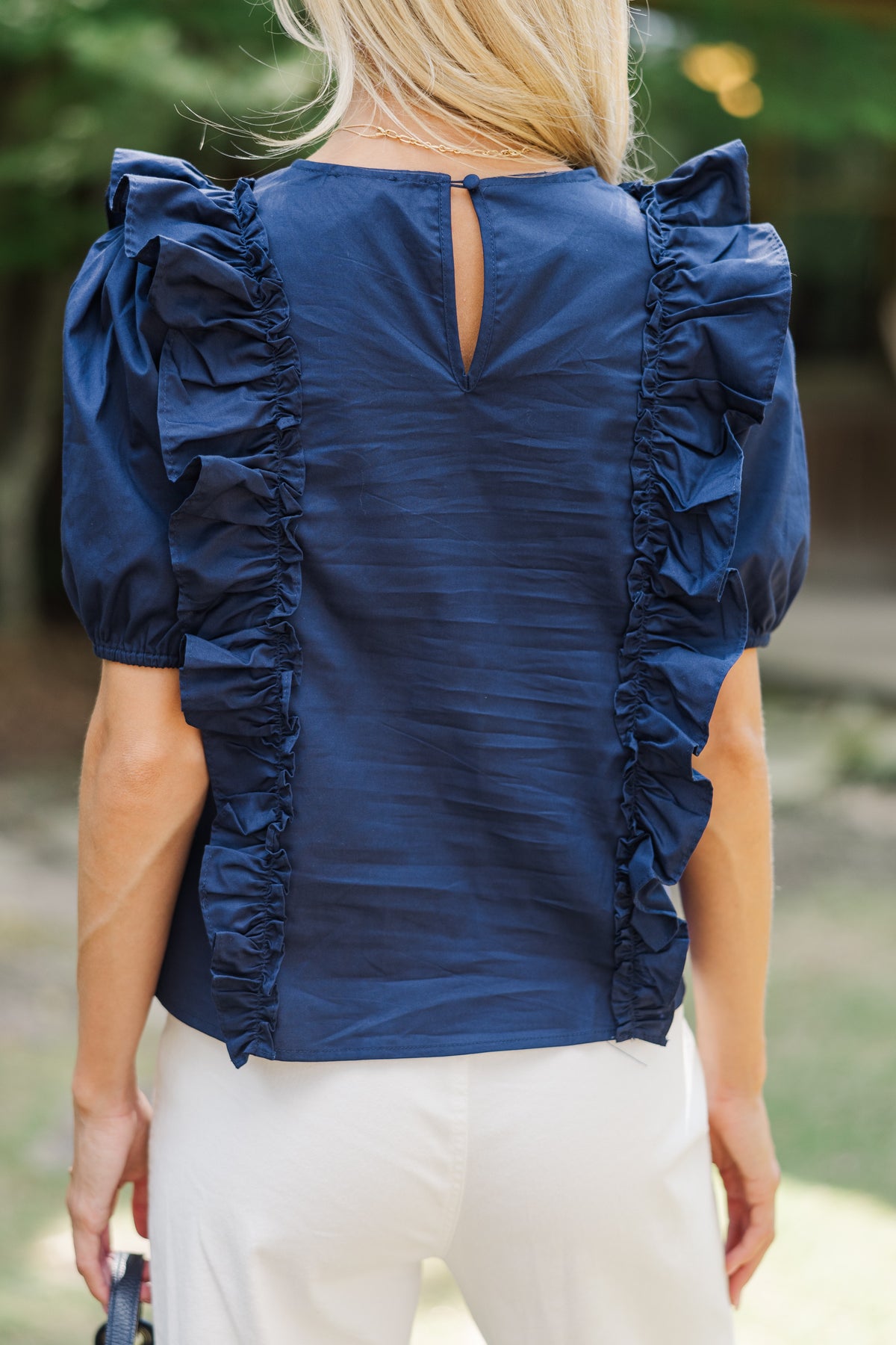 All To Give Navy Blue Ruffled Blouse – Shop the Mint