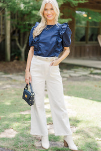 All To Give Navy Blue Ruffled Blouse