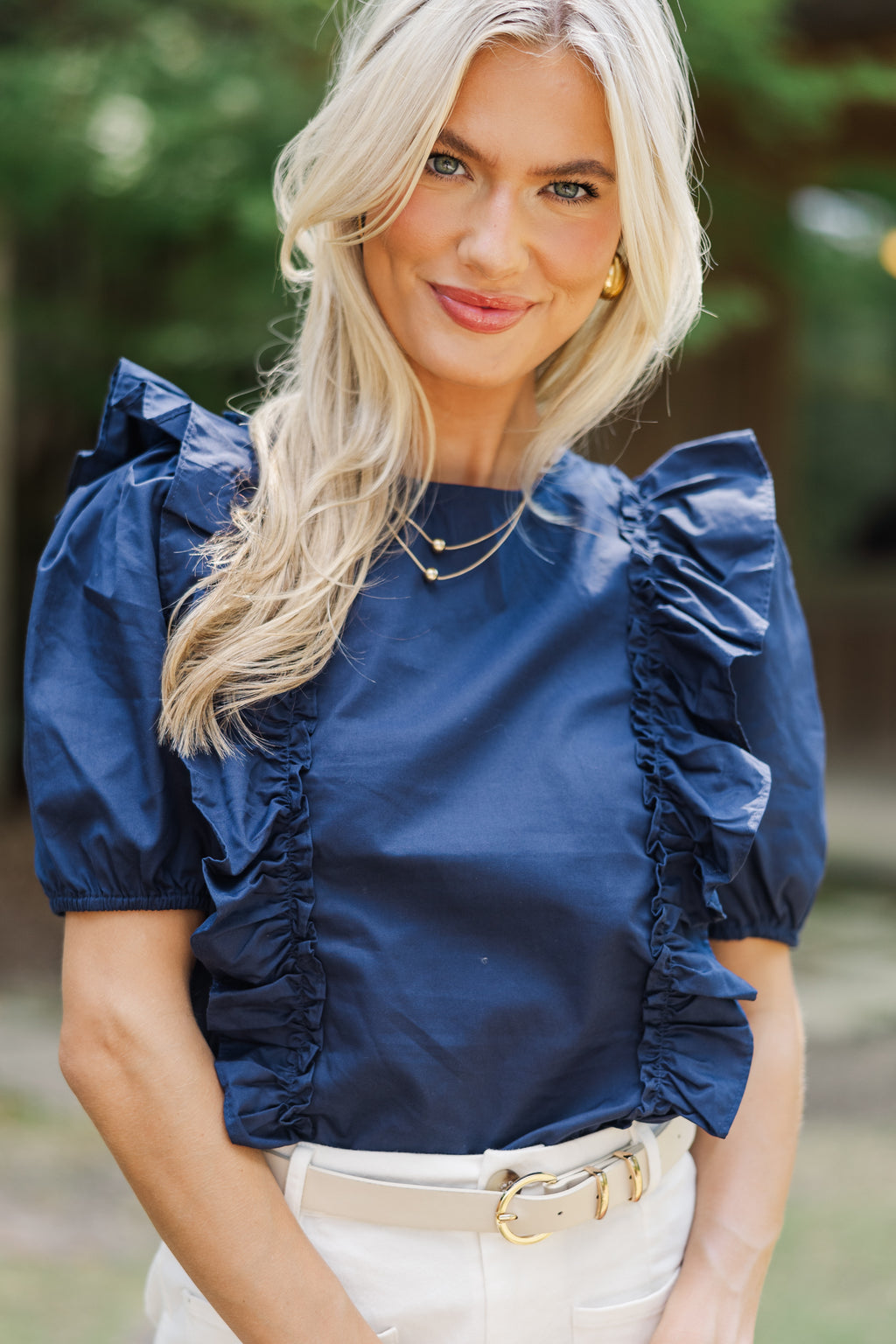 All To Give Navy Blue Ruffled Blouse – Shop the Mint