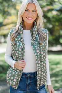 Long Time Coming Olive Green Ditsy Floral Vest