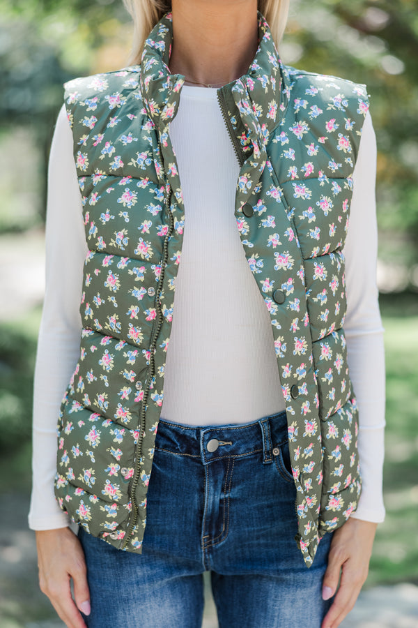 Long Time Coming Olive Green Ditsy Floral Vest