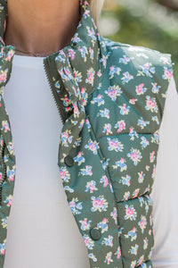 Long Time Coming Olive Green Ditsy Floral Vest