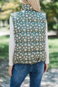 Long Time Coming Olive Green Ditsy Floral Vest