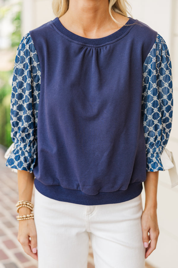 Doing Your Best Navy Blue Embroidered Blouse