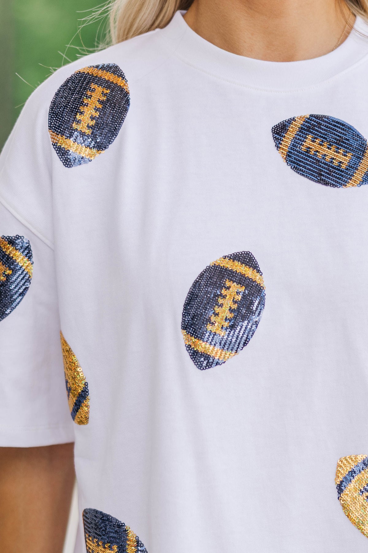 First Down Fun Navy & Gold Football Sequin Top – Shop the Mint