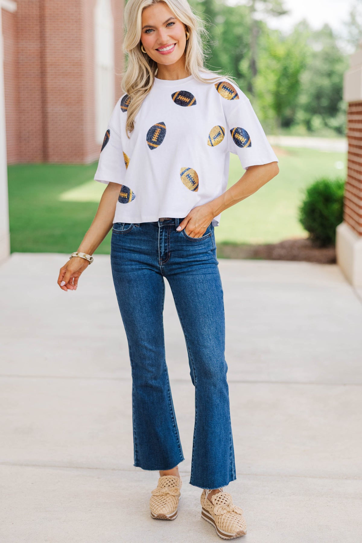 First Down Fun Navy & Gold Football Sequin Top – Shop the Mint