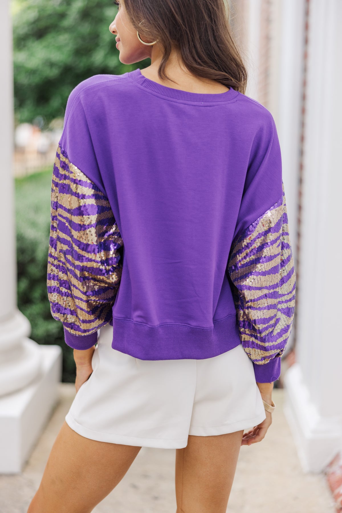 First In Line Purple Tiger Sequin Blouse – Shop the Mint