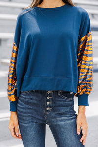 First In Line Navy Blue Tiger Sequin Blouse