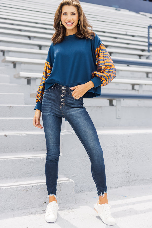 First In Line Navy Blue Tiger Sequin Blouse