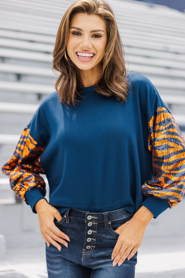 First In Line Navy Blue Tiger Sequin Blouse