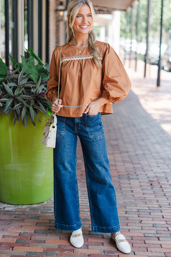 Get A Move On Camel Brown Rickrack Blouse