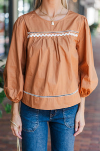 Get A Move On Camel Brown Rickrack Blouse