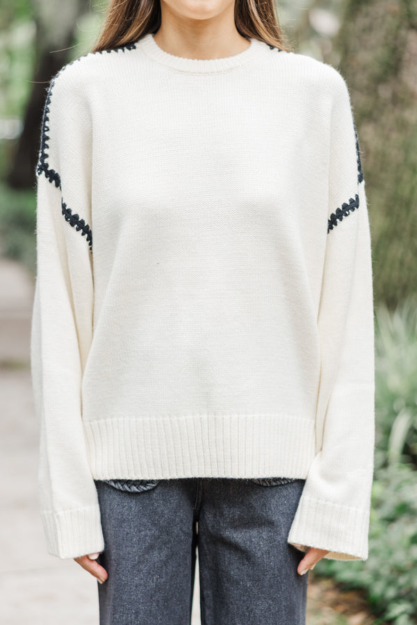 Before You Know It Cream White Contrast Stitch Sweater