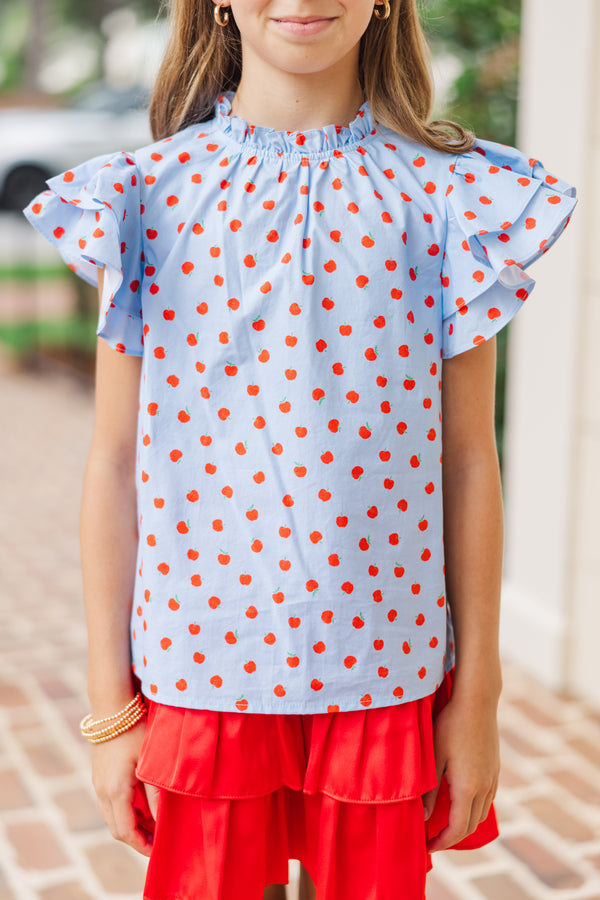 Girls: All Heart Light Blue Apple Print Blouse