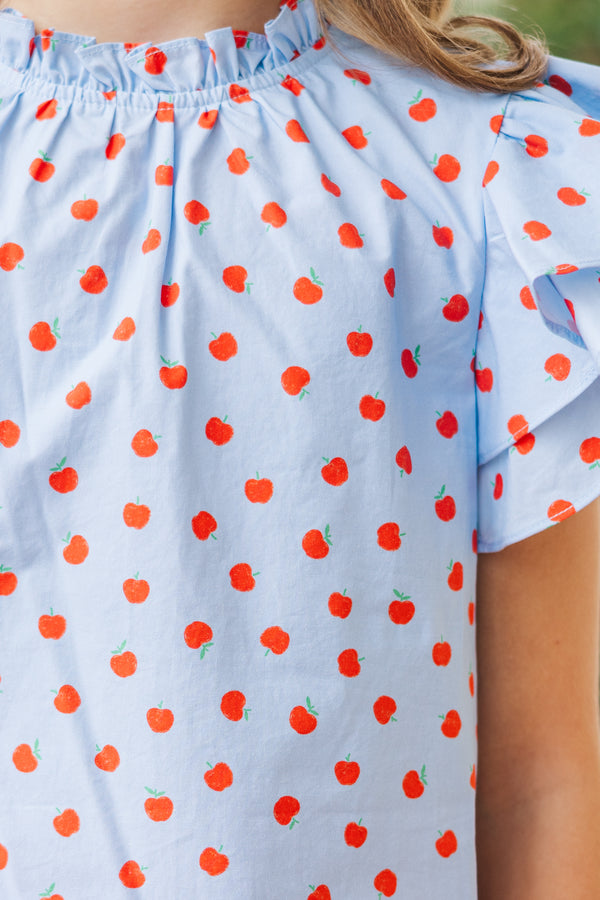 Girls: All Heart Light Blue Apple Print Blouse