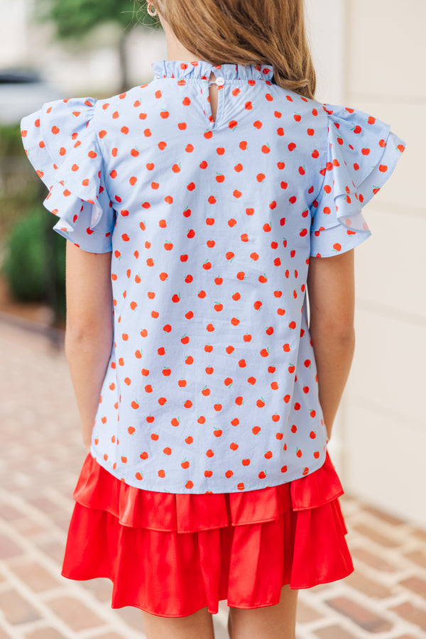 Girls: All Heart Light Blue Apple Print Blouse