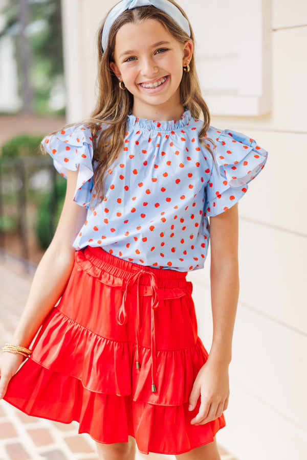 Girls: All Heart Light Blue Apple Print Blouse