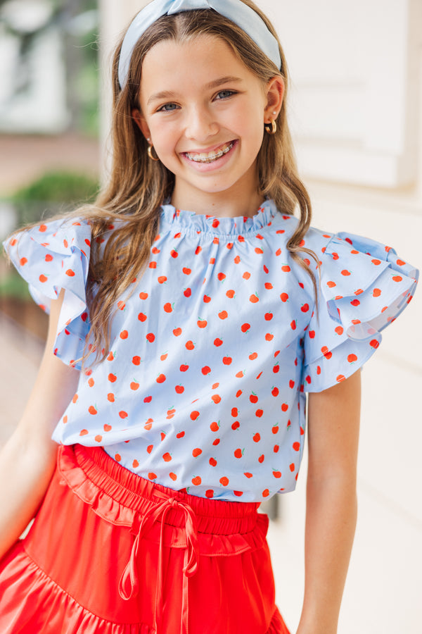 Girls: All Heart Light Blue Apple Print Blouse