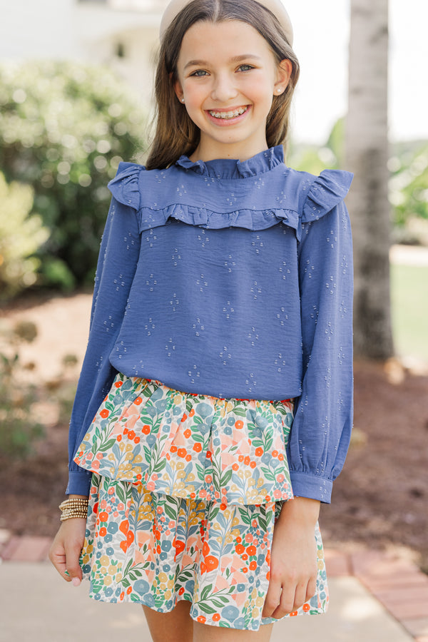 Girls: The Emily Denim Blue Ruffled Blouse