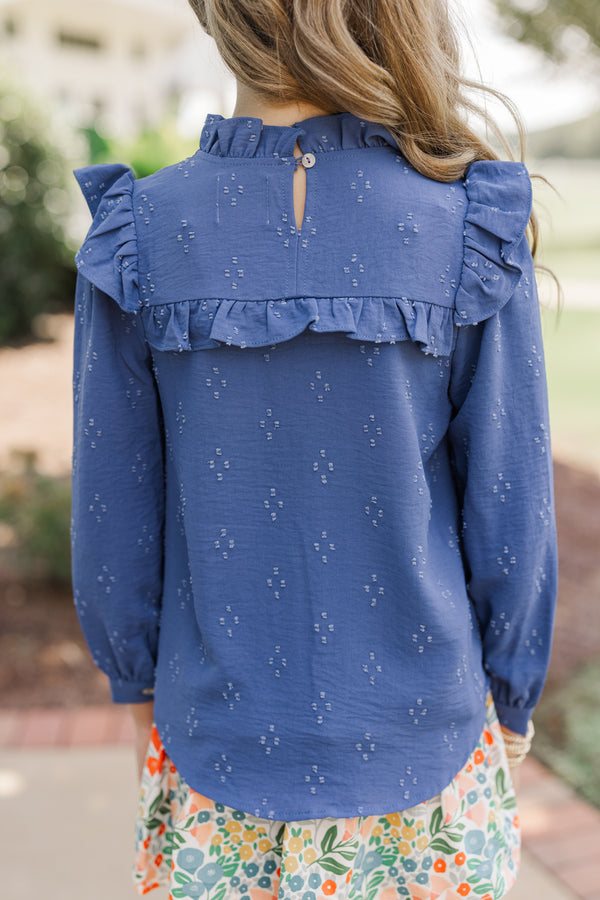 Girls: The Emily Denim Blue Ruffled Blouse