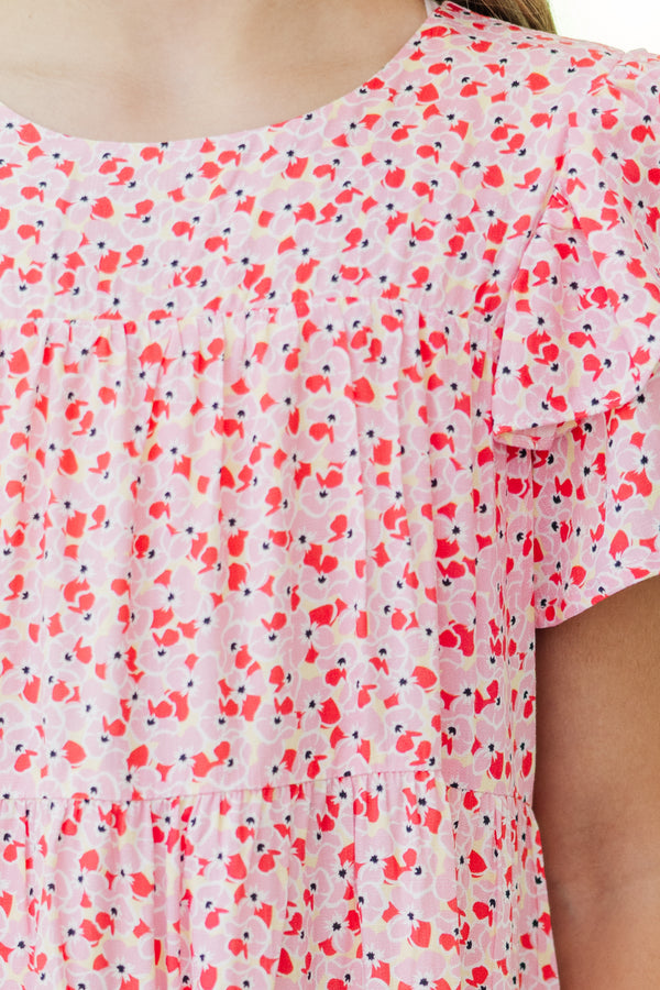 Girls: All The Joy Pink Ditsy Floral Dress