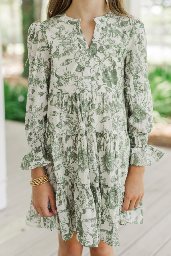 Girls: In Your Happy Place Olive Green Toile Dress