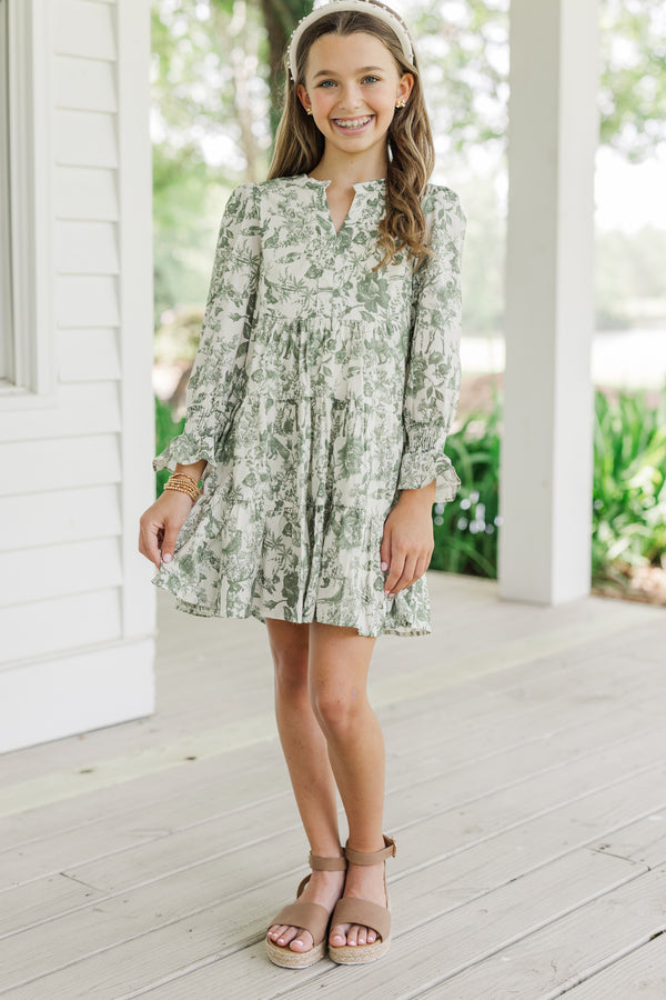 Girls: In Your Happy Place Olive Green Toile Dress