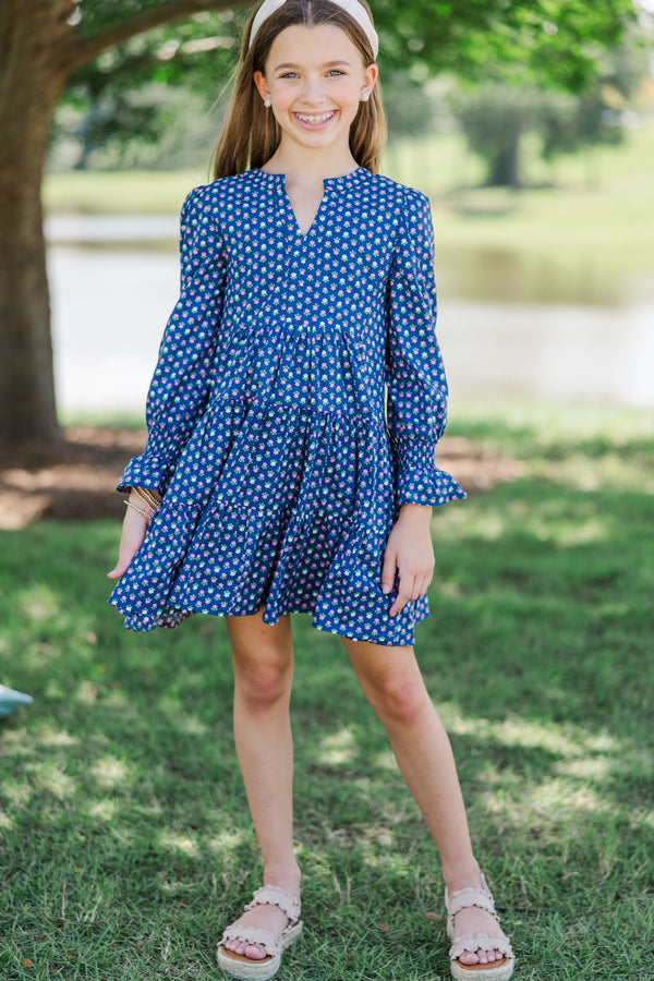 Girls: In Your Happy Place Blue Ditsy Floral Dress