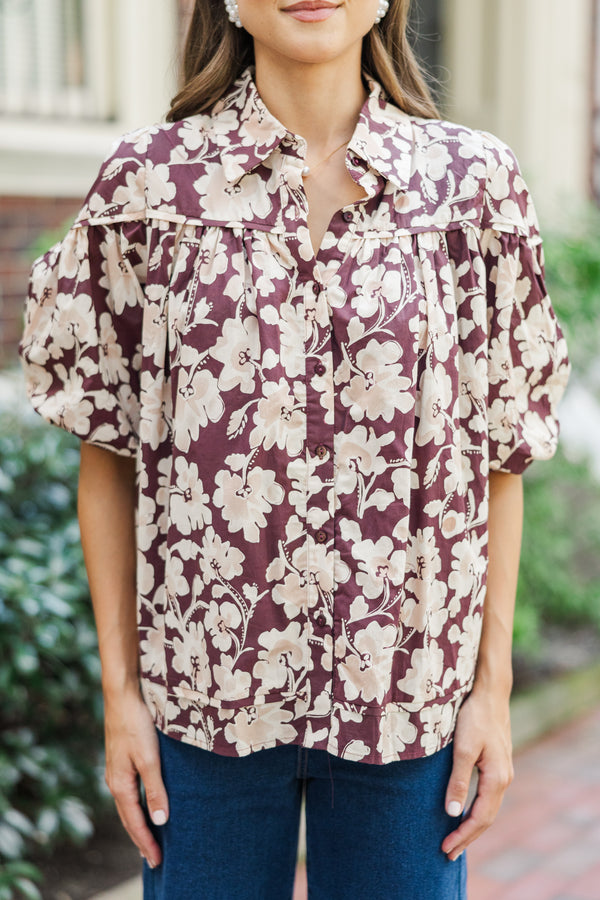 Better Than You Know Burgundy Floral Puff Sleeve Blouse