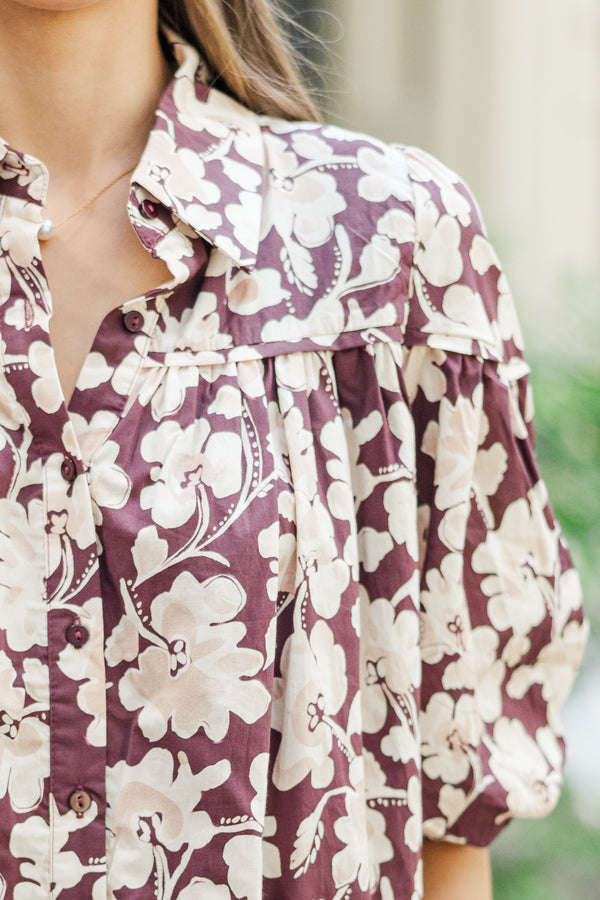 Better Than You Know Burgundy Floral Puff Sleeve Blouse