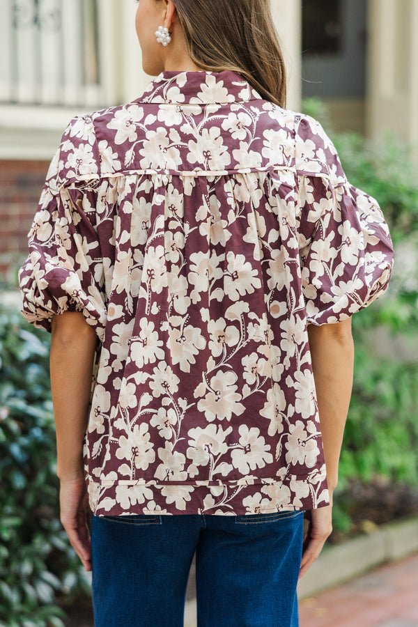 Better Than You Know Burgundy Floral Puff Sleeve Blouse