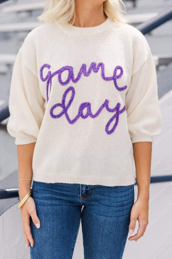 It's Game Day Ivory/Purple Puff Sleeve Sweater