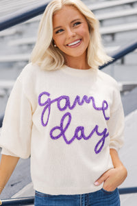 It's Game Day Ivory/Purple Puff Sleeve Sweater