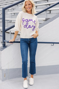 It's Game Day Ivory/Purple Puff Sleeve Sweater