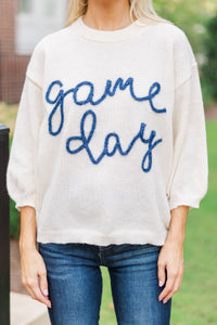 It's Game Day Ivory/Navy Puff Sleeve Sweater