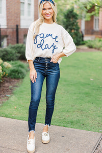 It's Game Day Ivory/Navy Puff Sleeve Sweater