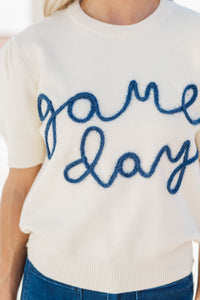 To The Stadium White and Blue Game Day Puff Sleeve Sweater