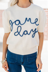 To The Stadium White and Blue Game Day Puff Sleeve Sweater
