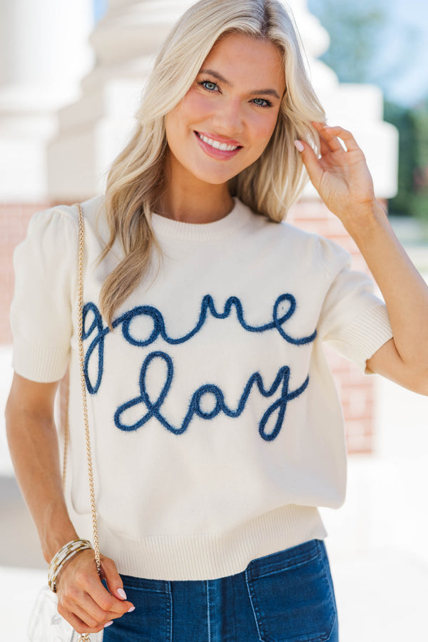 To The Stadium White and Blue Game Day Puff Sleeve Sweater