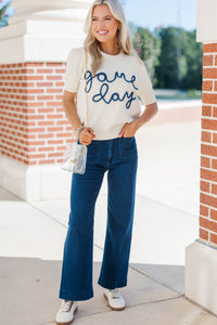 To The Stadium White and Blue Game Day Puff Sleeve Sweater