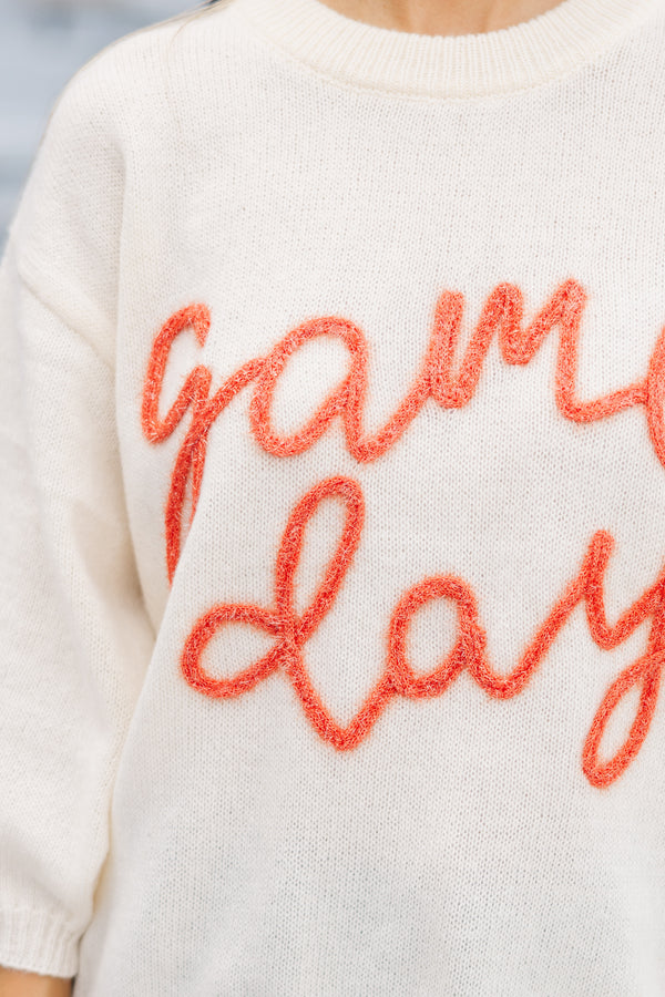 It's Game Day Ivory/Orange Puff Sleeve Sweater